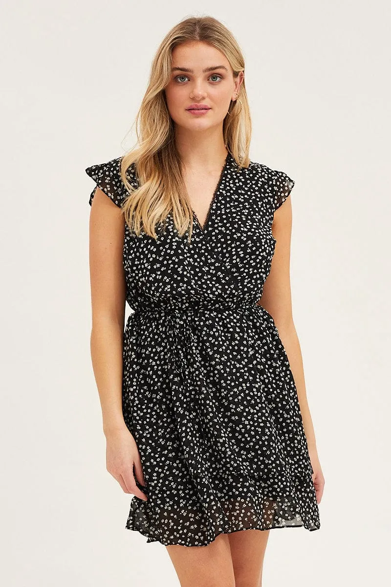 Ditsy Print Flutter Wrap Look Tie Waist Layered Dress sold by Ally Fashion product image thumbnail 4