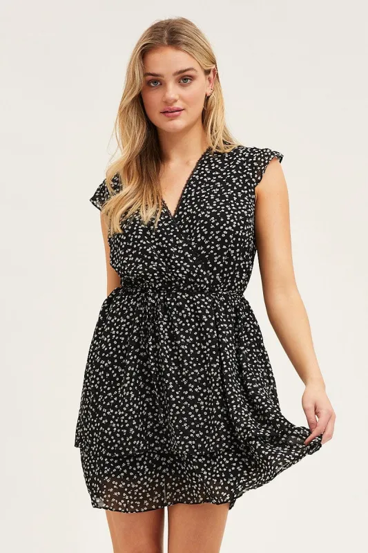 Ditsy Print Flutter Wrap Look Tie Waist Layered Dress sold by Ally Fashion