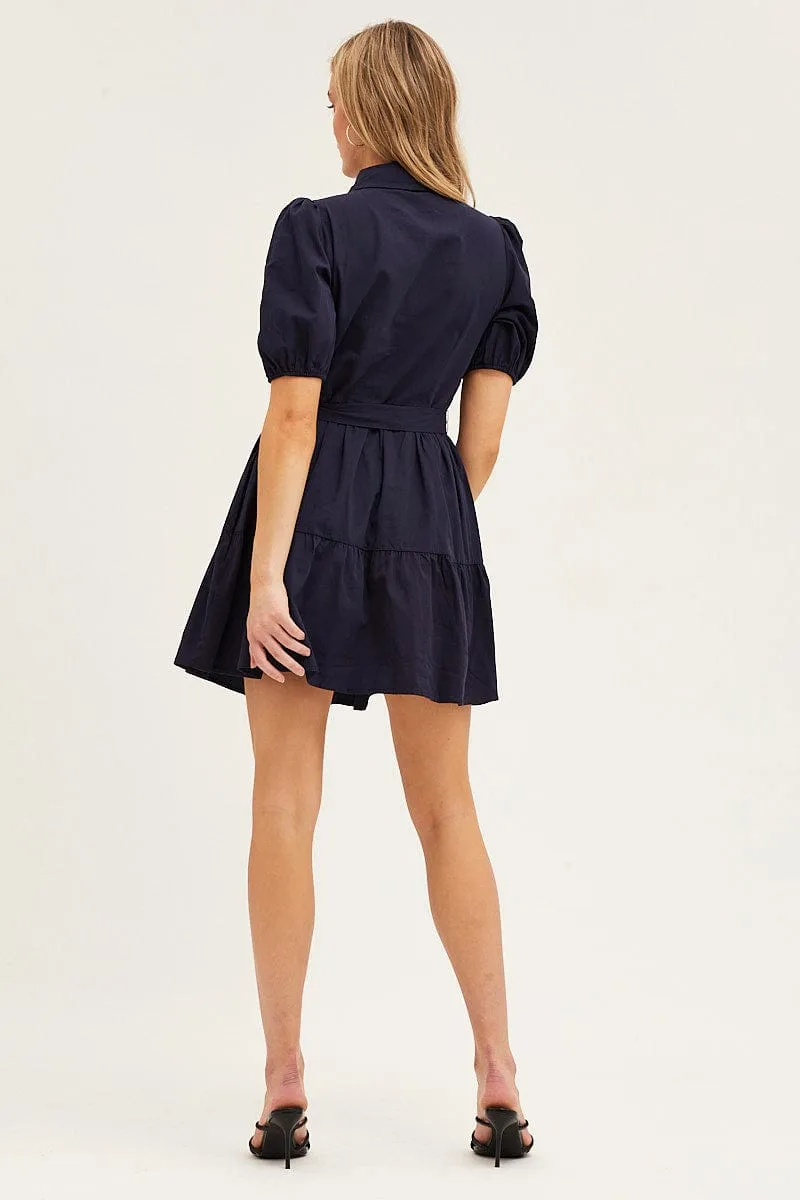 Blue Puff Sleeve Button Up Tie Waist Tiered Dress sold by Ally Fashion product image thumbnail 5