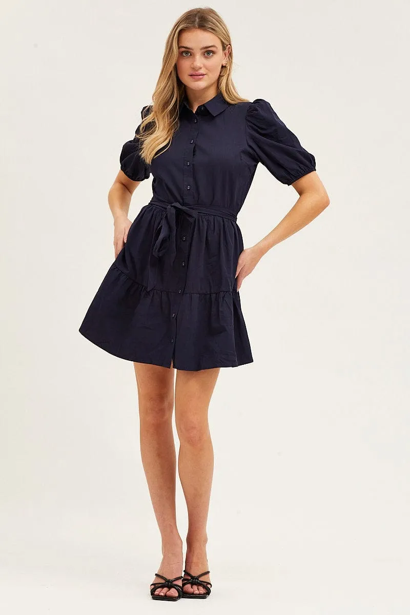 Blue Puff Sleeve Button Up Tie Waist Tiered Dress sold by Ally Fashion product image thumbnail 2