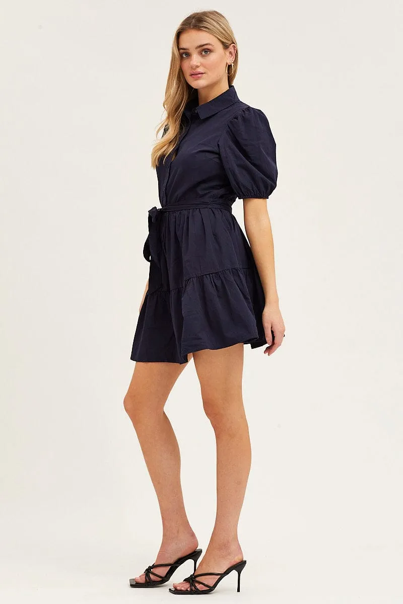 Blue Puff Sleeve Button Up Tie Waist Tiered Dress sold by Ally Fashion product image thumbnail 4