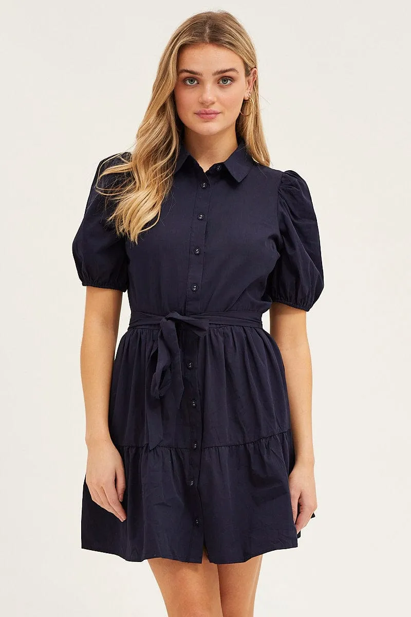 Blue Puff Sleeve Button Up Tie Waist Tiered Dress sold by Ally Fashion product image thumbnail 3