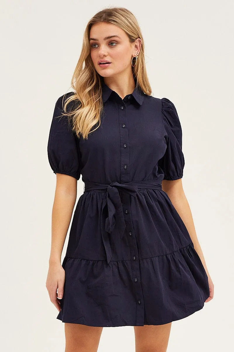 Blue Puff Sleeve Button Up Tie Waist Tiered Dress sold by Ally Fashion