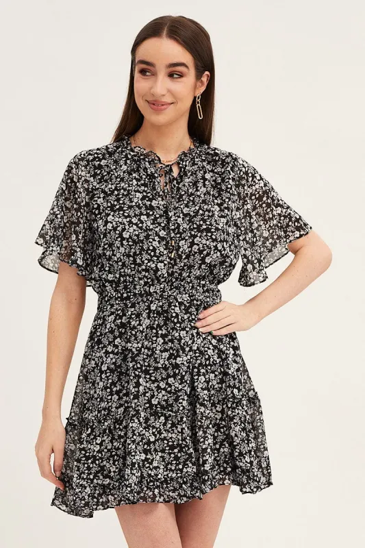 Ditsy Print Flutter Sleeve Tiered Dress sold by Ally Fashion