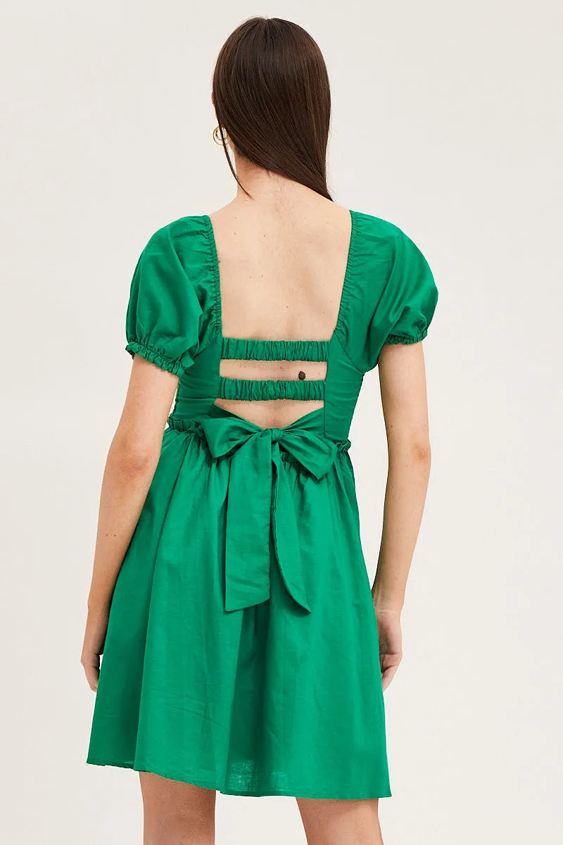Green Puff Sleeve Linen Shirred Skater Dress sold by Ally Fashion product image thumbnail 5