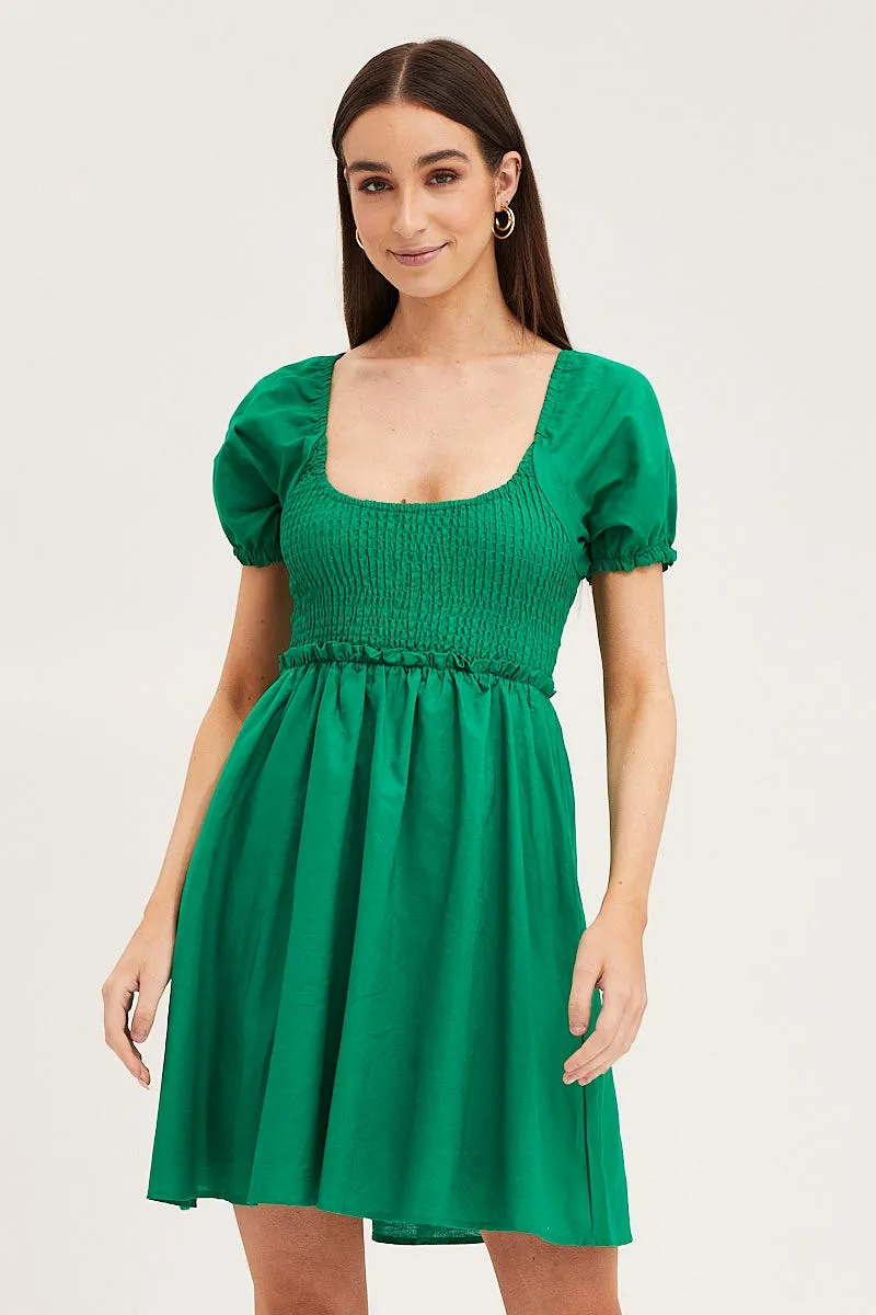 Green Puff Sleeve Linen Shirred Skater Dress sold by Ally Fashion product image thumbnail 3