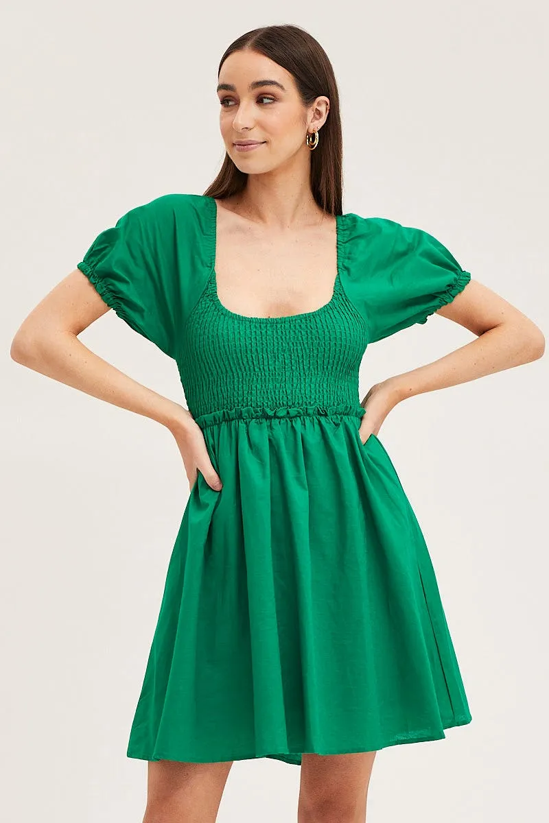 Green Puff Sleeve Linen Shirred Skater Dress sold by Ally Fashion