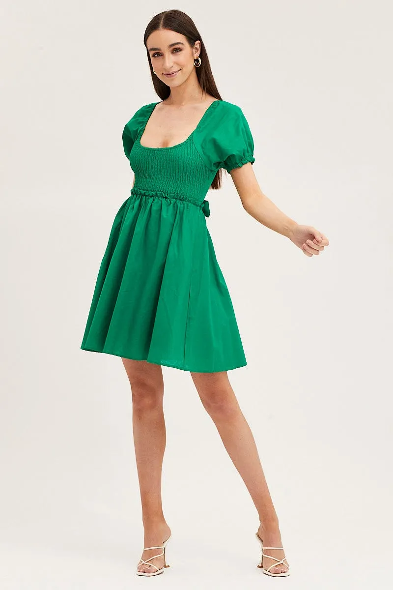 Green Puff Sleeve Linen Shirred Skater Dress sold by Ally Fashion product image thumbnail 2