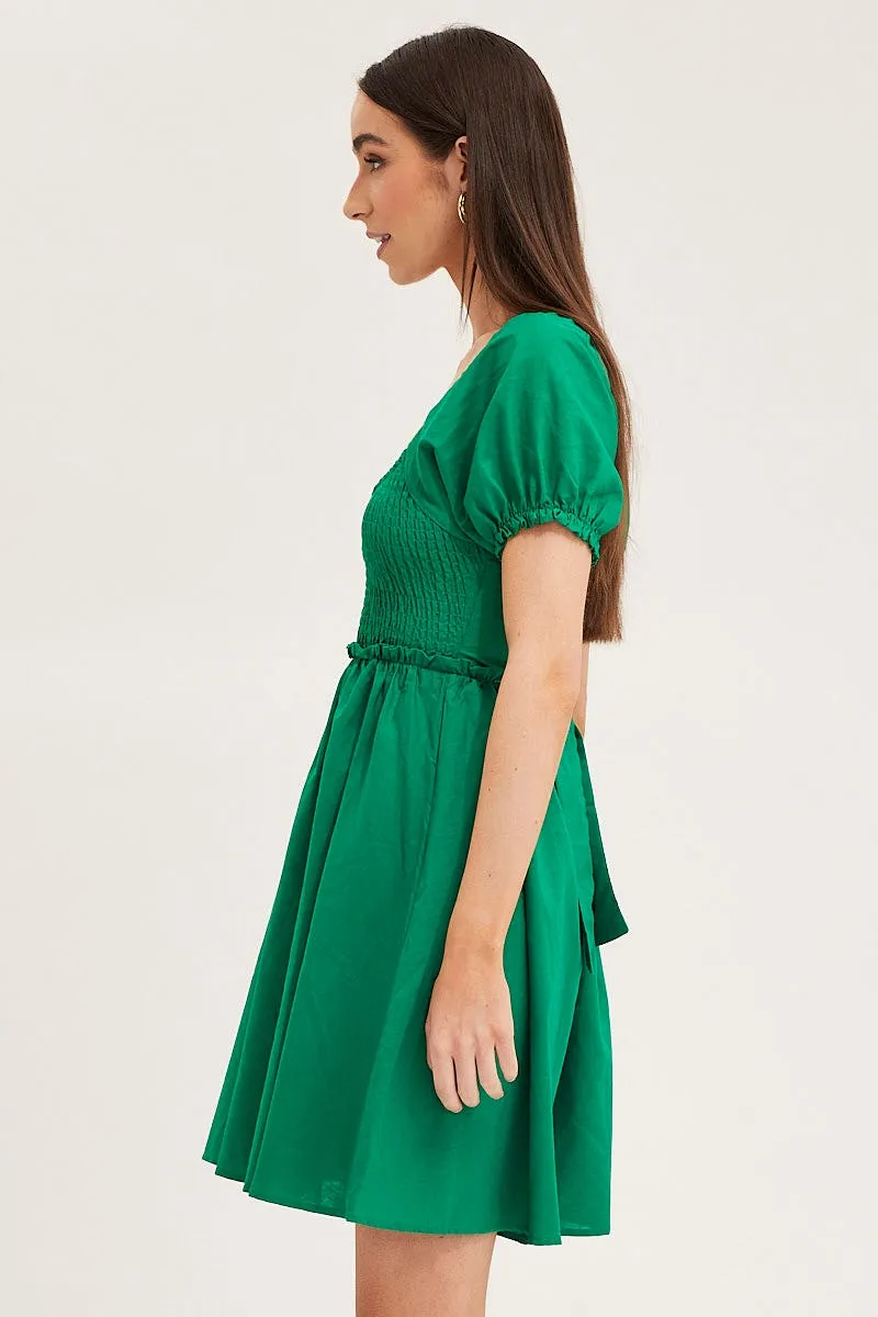 Green Puff Sleeve Linen Shirred Skater Dress sold by Ally Fashion product image thumbnail 4