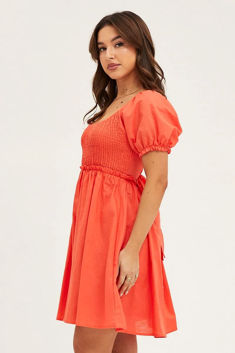 Orange Puff Sleeve Linen Shirred Skater Dress sold by Ally Fashion product image thumbnail 4