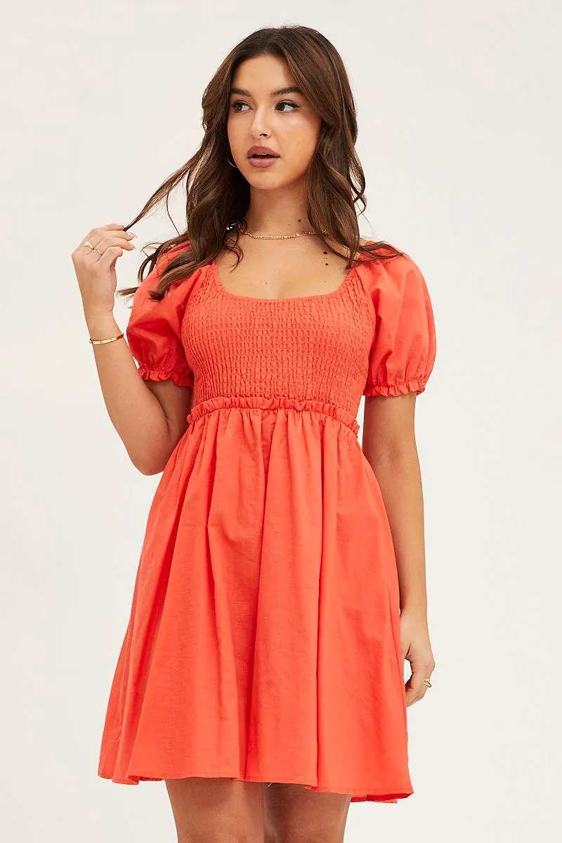 Orange Puff Sleeve Linen Shirred Skater Dress sold by Ally Fashion product image thumbnail 3