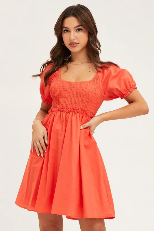 Orange Puff Sleeve Linen Shirred Skater Dress sold by Ally Fashion