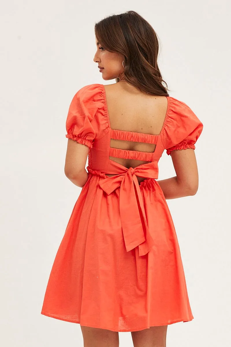 Orange Puff Sleeve Linen Shirred Skater Dress sold by Ally Fashion product image thumbnail 5