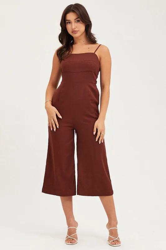Brown Sleeveless Tie Back Jumpsuit Linen Blend sold by Ally Fashion