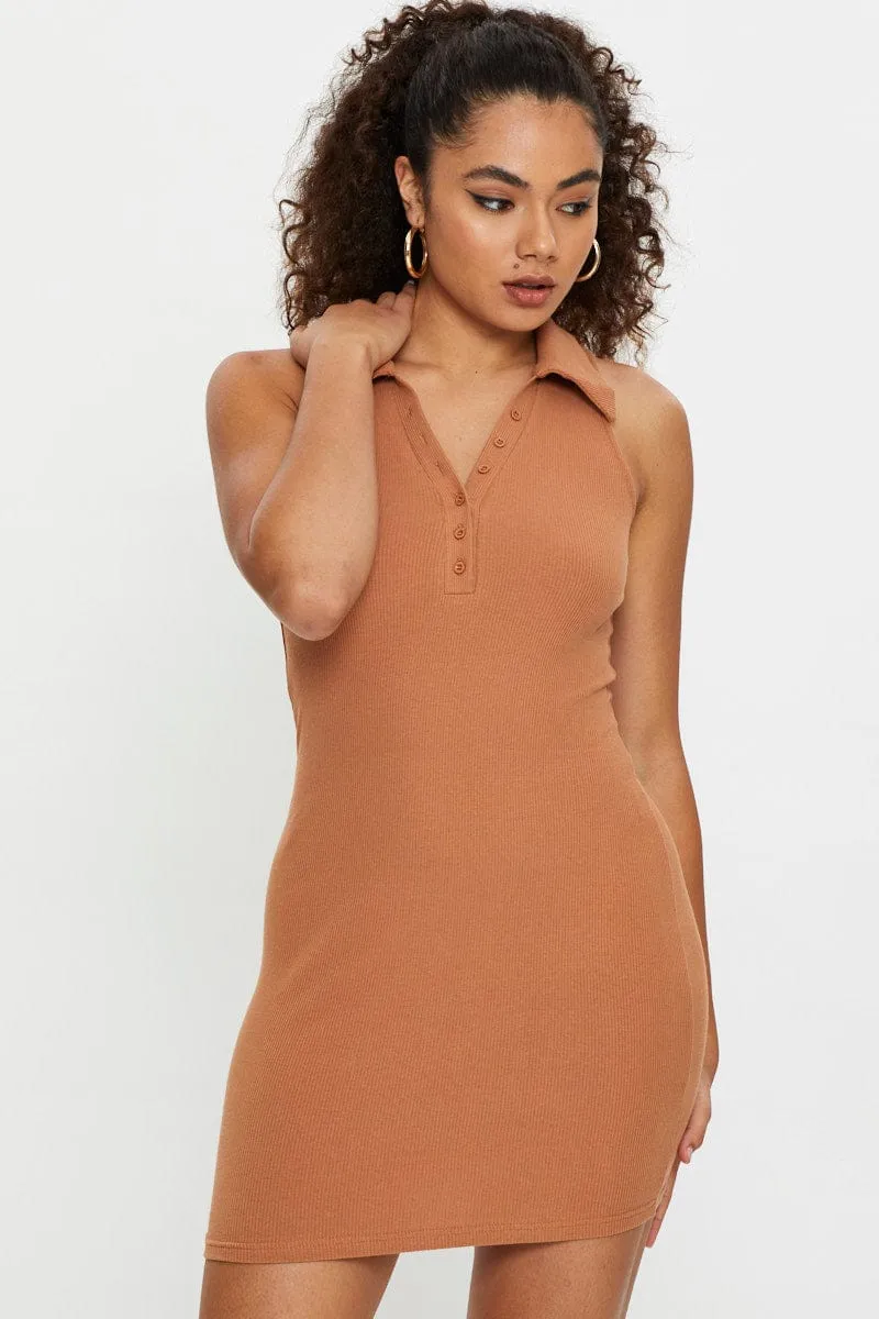 Brown Sleeveless Collared Bodycon Dress sold by Ally Fashion product image thumbnail 2