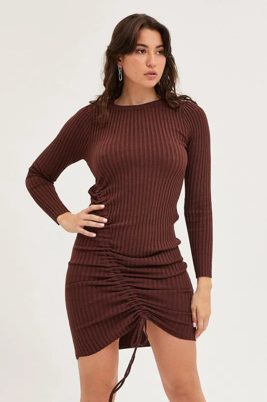Brown Drawstring Dress Long Sleeve Mini sold by Ally Fashion
