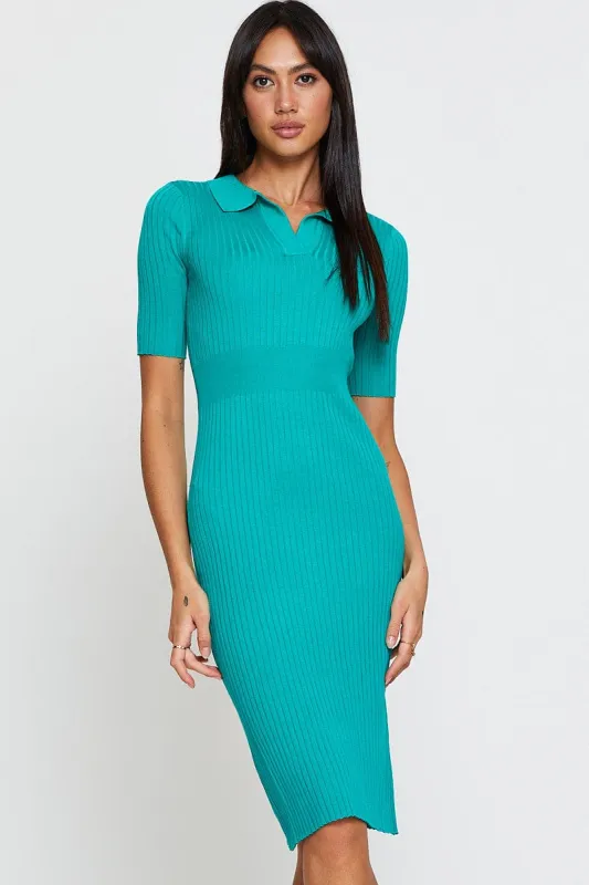 Green Dress Short Sleeve Midi Collared Knit sold by Ally Fashion