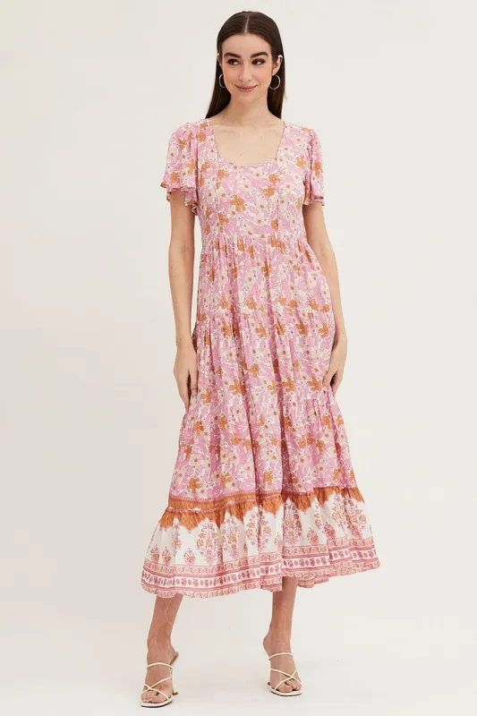 Boho Print Hem Frill Dress Short Sleeve Maxi Square Neck sold by Ally Fashion