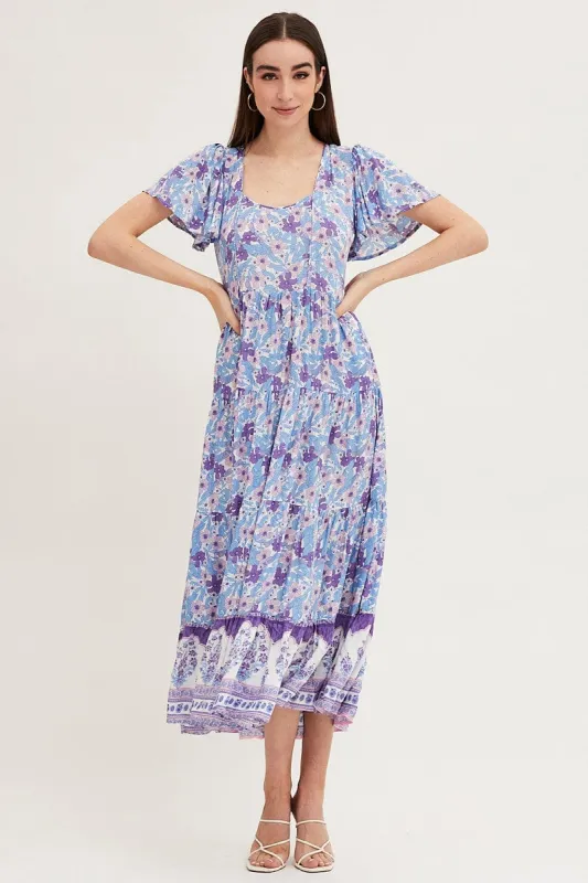 Boho Print Hem Frill Dress Short Sleeve Maxi Square Neck sold by Ally Fashion