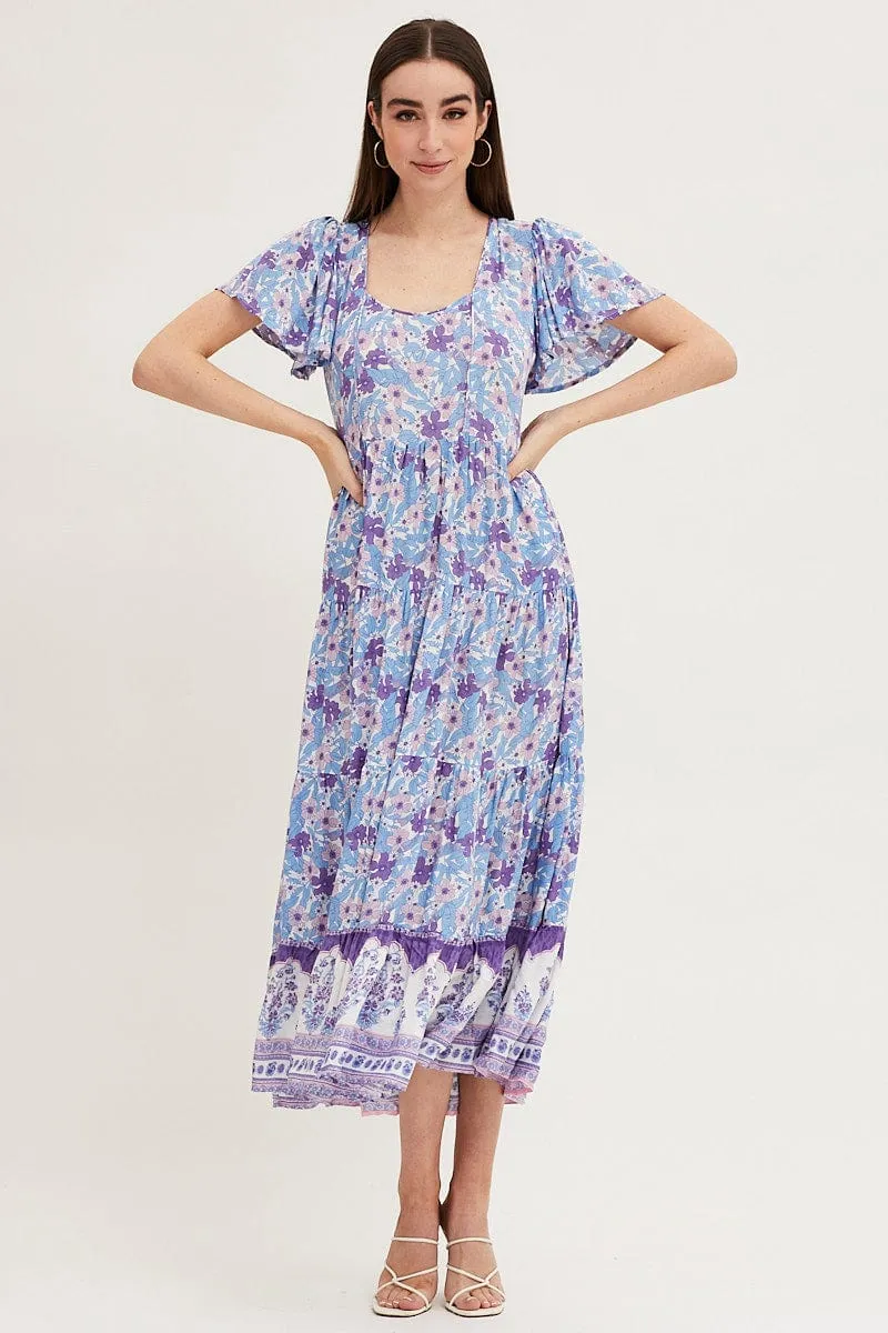 Boho Print Hem Frill Dress Short Sleeve Maxi Square Neck sold by Ally Fashion
