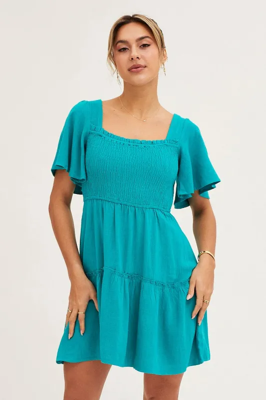 Green Shirred Bust Skater Dress sold by Ally Fashion