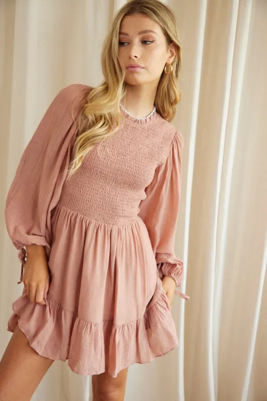 Pink Shirred Dress Short Sleeve Mini sold by Ally Fashion