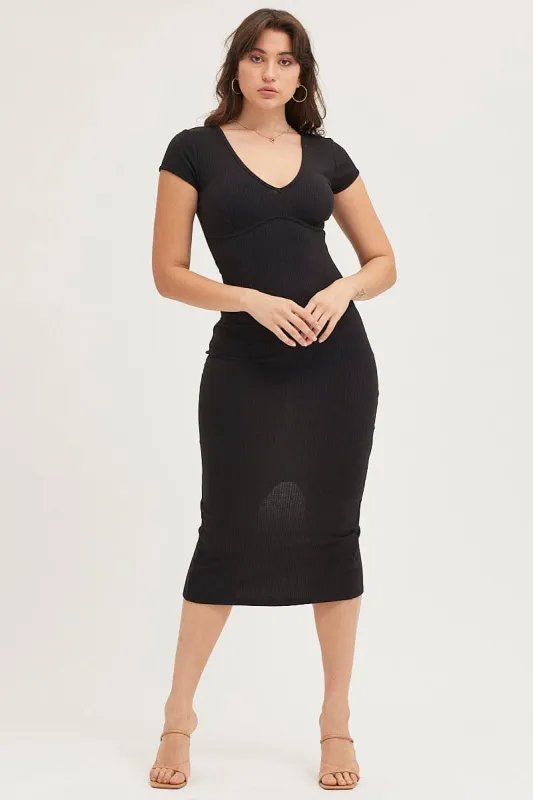Black Jersey Dress Short Sleeve Midi Ribbed sold by Ally Fashion