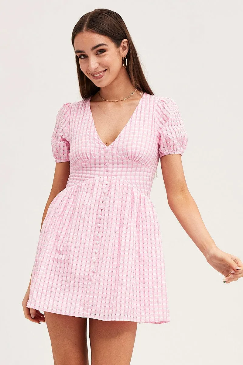 Check Skater Dress Short Sleeve Mini V Neck sold by Ally Fashion