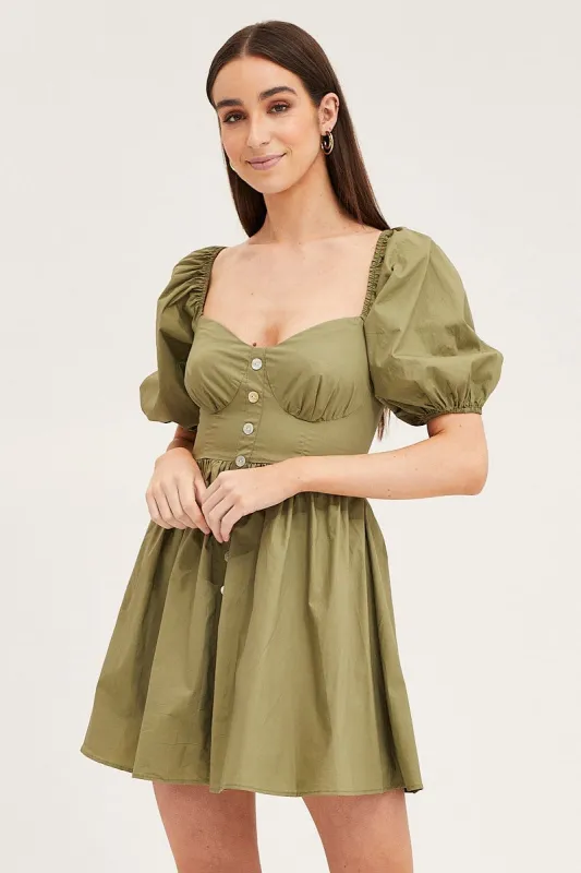 Green Skater Dress Puff Sleeve Mini Sweet Heart Neck sold by Ally Fashion