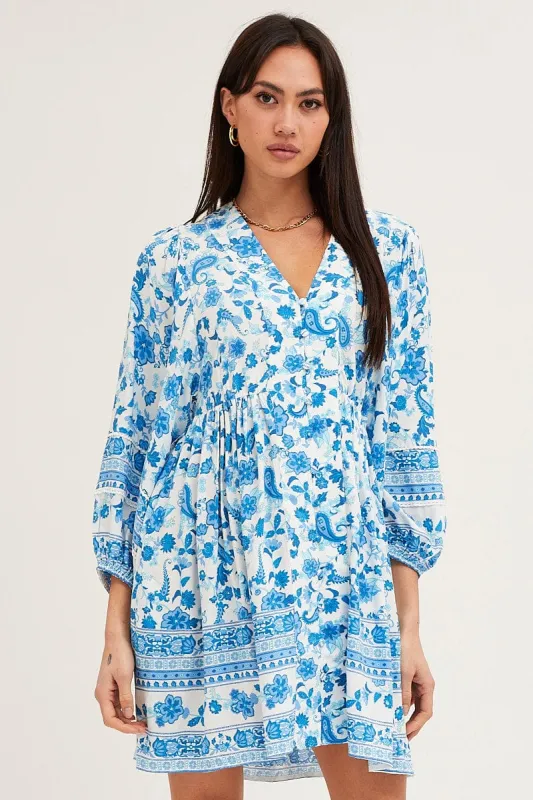 Boho Print Smock Dress Long Sleeve Mini V Neck sold by Ally Fashion