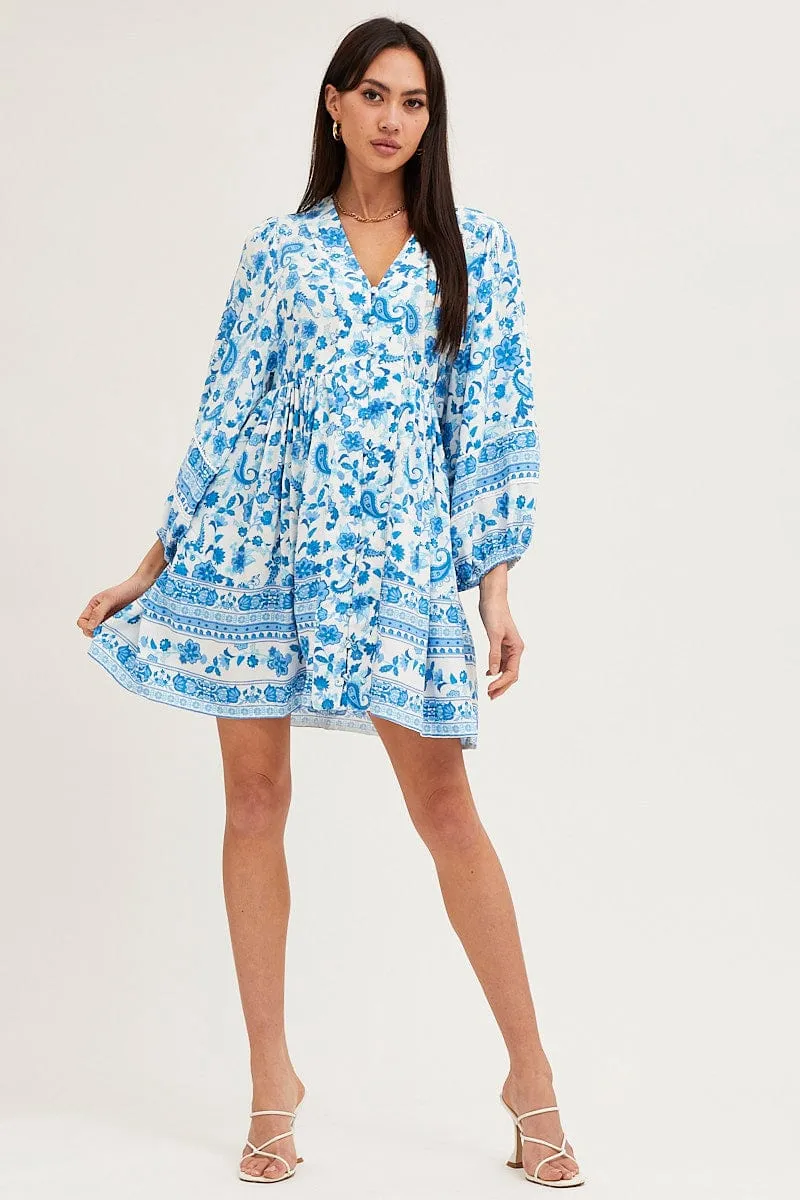 Boho Print Smock Dress Long Sleeve Mini V Neck sold by Ally Fashion product image thumbnail 2