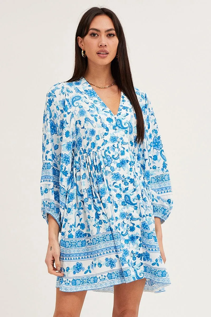 Boho Print Smock Dress Long Sleeve Mini V Neck sold by Ally Fashion product image thumbnail 3