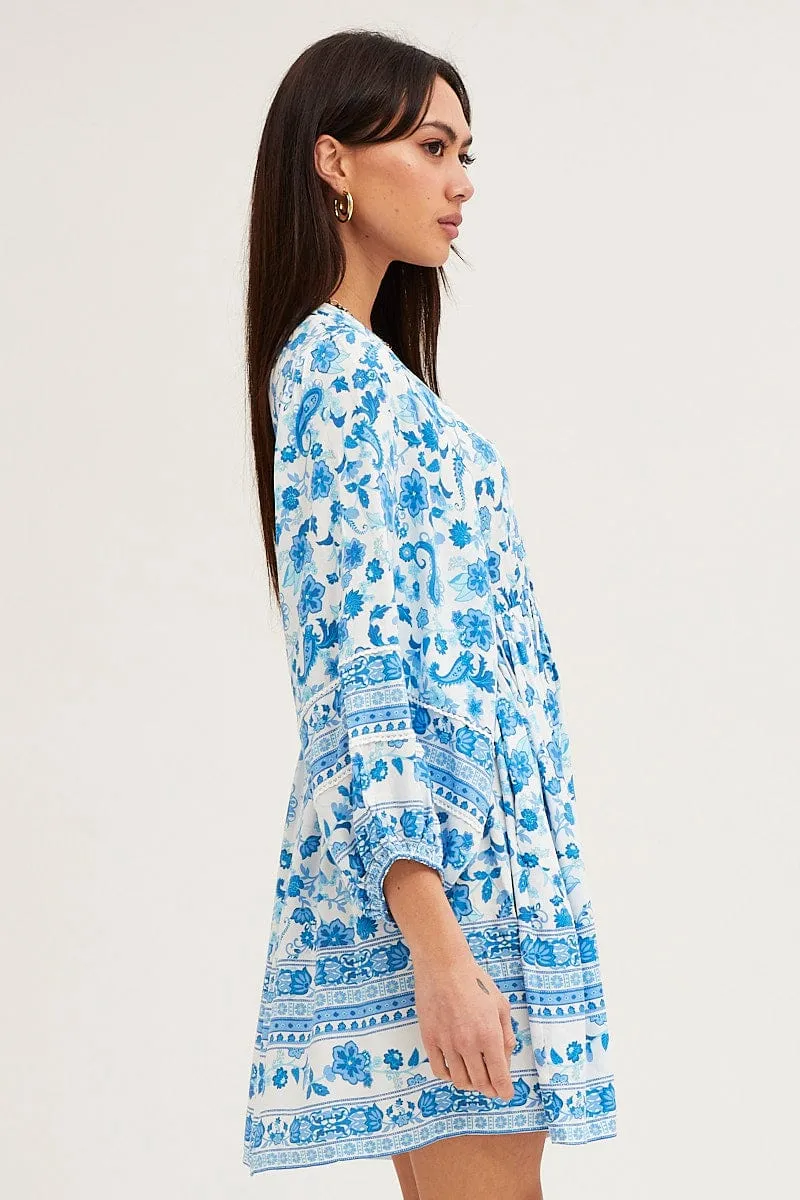 Boho Print Smock Dress Long Sleeve Mini V Neck sold by Ally Fashion product image thumbnail 4