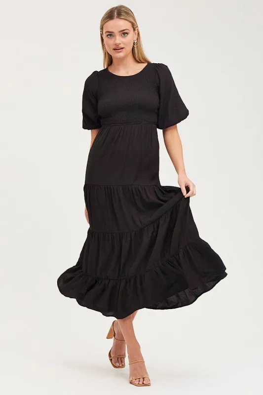 Black Shirred Dress Short Sleeve Maxi sold by Ally Fashion