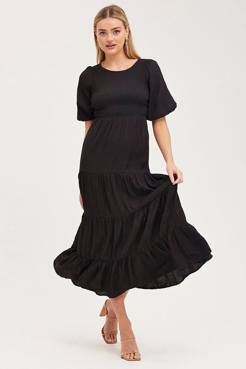 Black Shirred Dress Short Sleeve Maxi sold by Ally Fashion