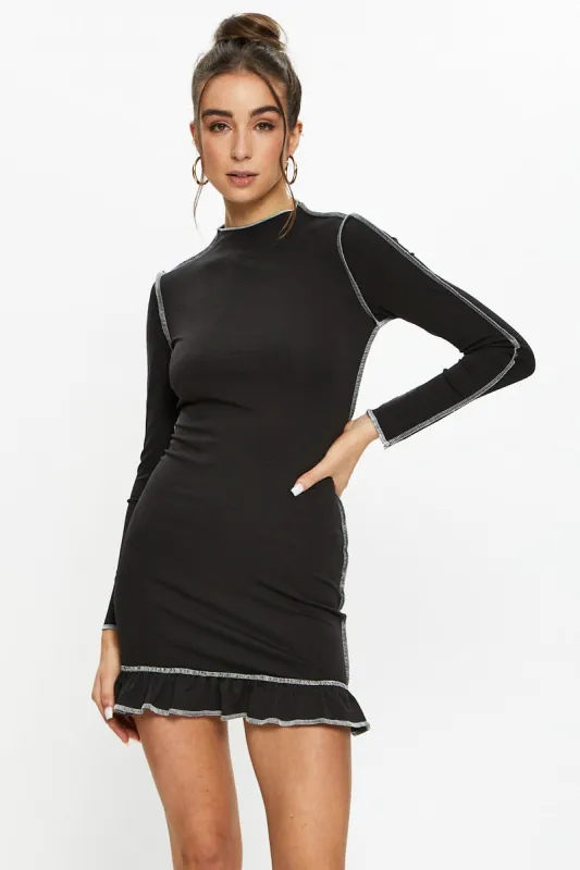 Black Mini Dress Long Sleeve Bodycon Ruffle sold by Ally Fashion