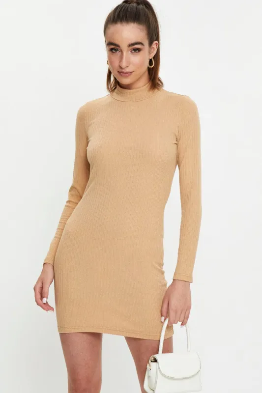 Beige Ribbed Bodycon Dress sold by Ally Fashion