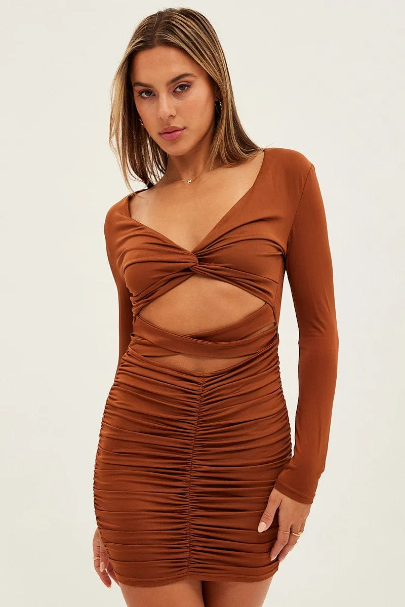 Brown Twist Front Ruched Bodycon Dress sold by Ally Fashion product image thumbnail 3