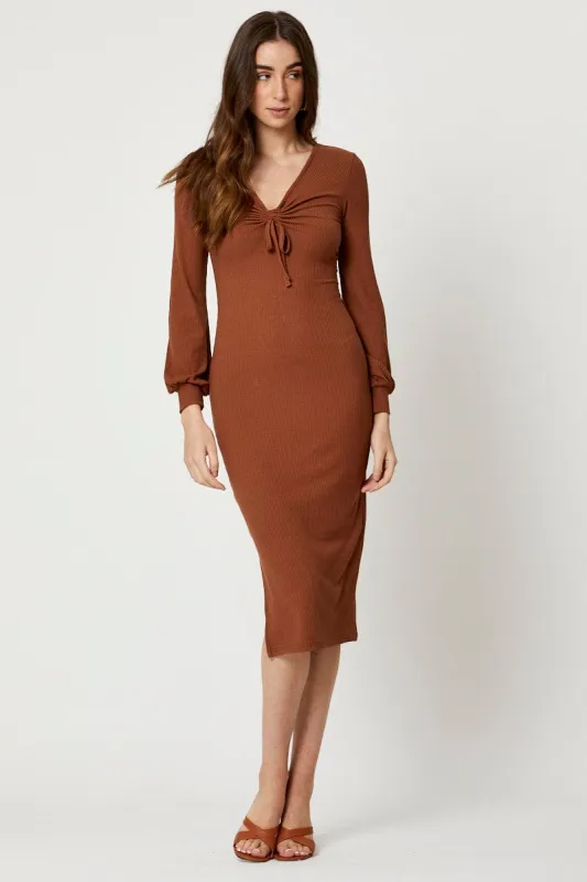Brown Ribbed Drawstring Midi Dress sold by Ally Fashion