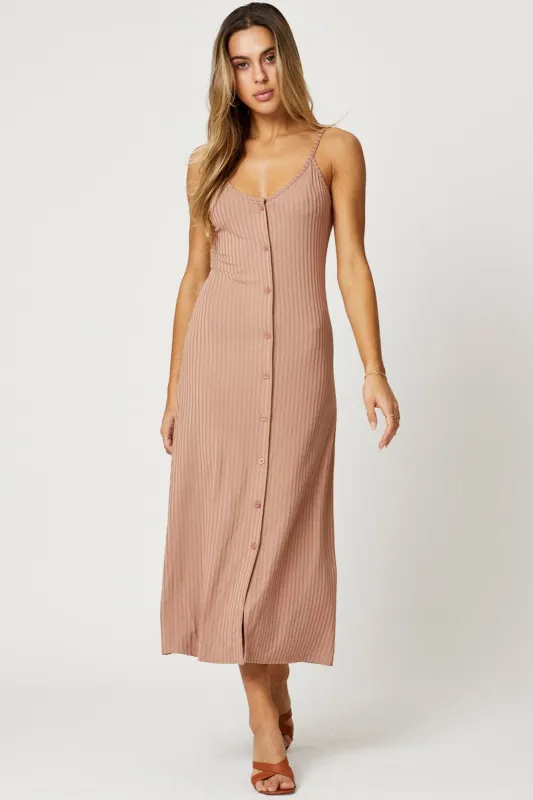 Brown Button Front Dress Sleeveless Maxi Rib sold by Ally Fashion