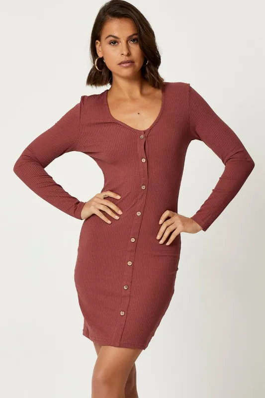 Brown Button Front Bodycon Dress made by Ally Fashion