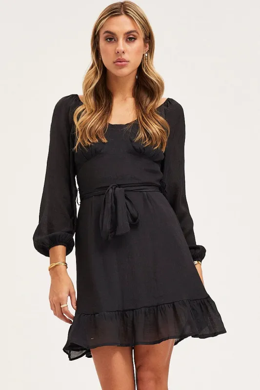 Black Skater Dress Long Sleeve Mini Ruffle sold by Ally Fashion