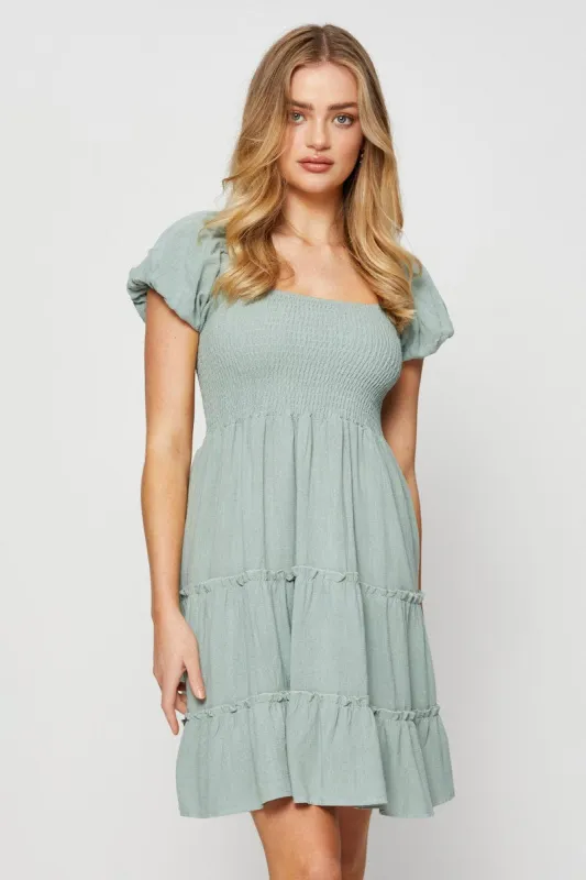 Green Mini Dress Puff Sleeve Skater sold by Ally Fashion