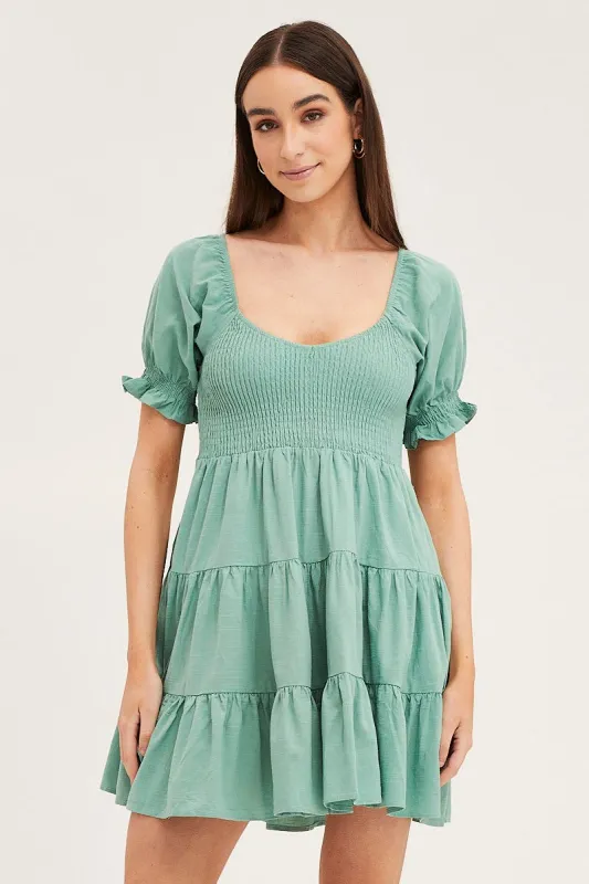 Green Puff Sleeve Shirred Tiered Skater Dress sold by Ally Fashion