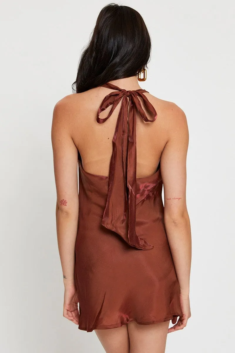 Brown Mini Dress Cowl Neck Satin sold by Ally Fashion product image thumbnail 4