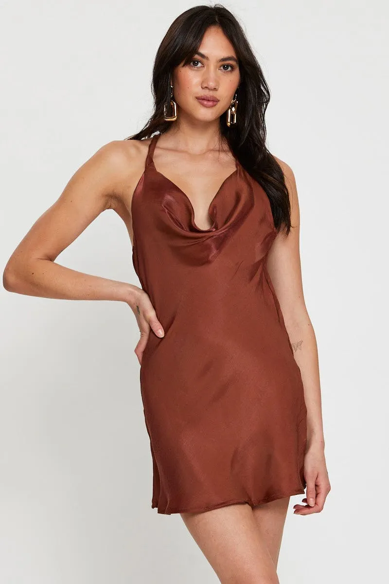 Brown Mini Dress Cowl Neck Satin sold by Ally Fashion