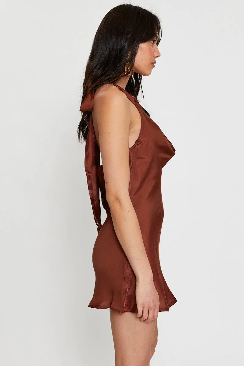Brown Mini Dress Cowl Neck Satin sold by Ally Fashion product image thumbnail 3