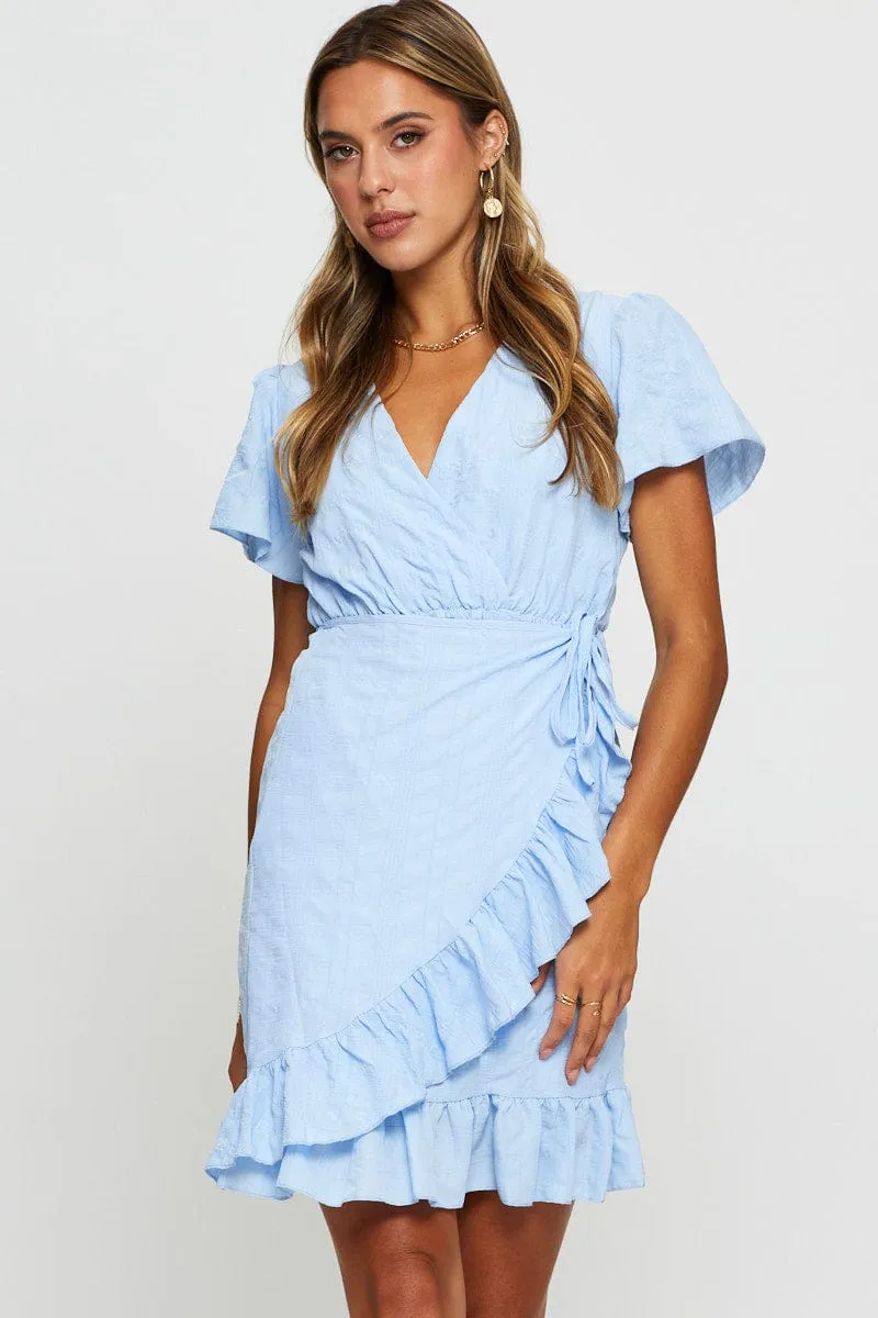Blue Wrap Dress Short Sleeve V Neck sold by Ally Fashion