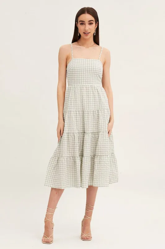 Check Sleeveless Backless Tiered Midi Dress sold by Ally Fashion