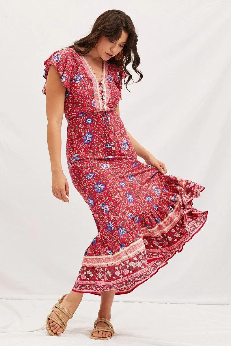 Boho Print V-Neck Short Sleeve Maxi Dress sold by Ally Fashion